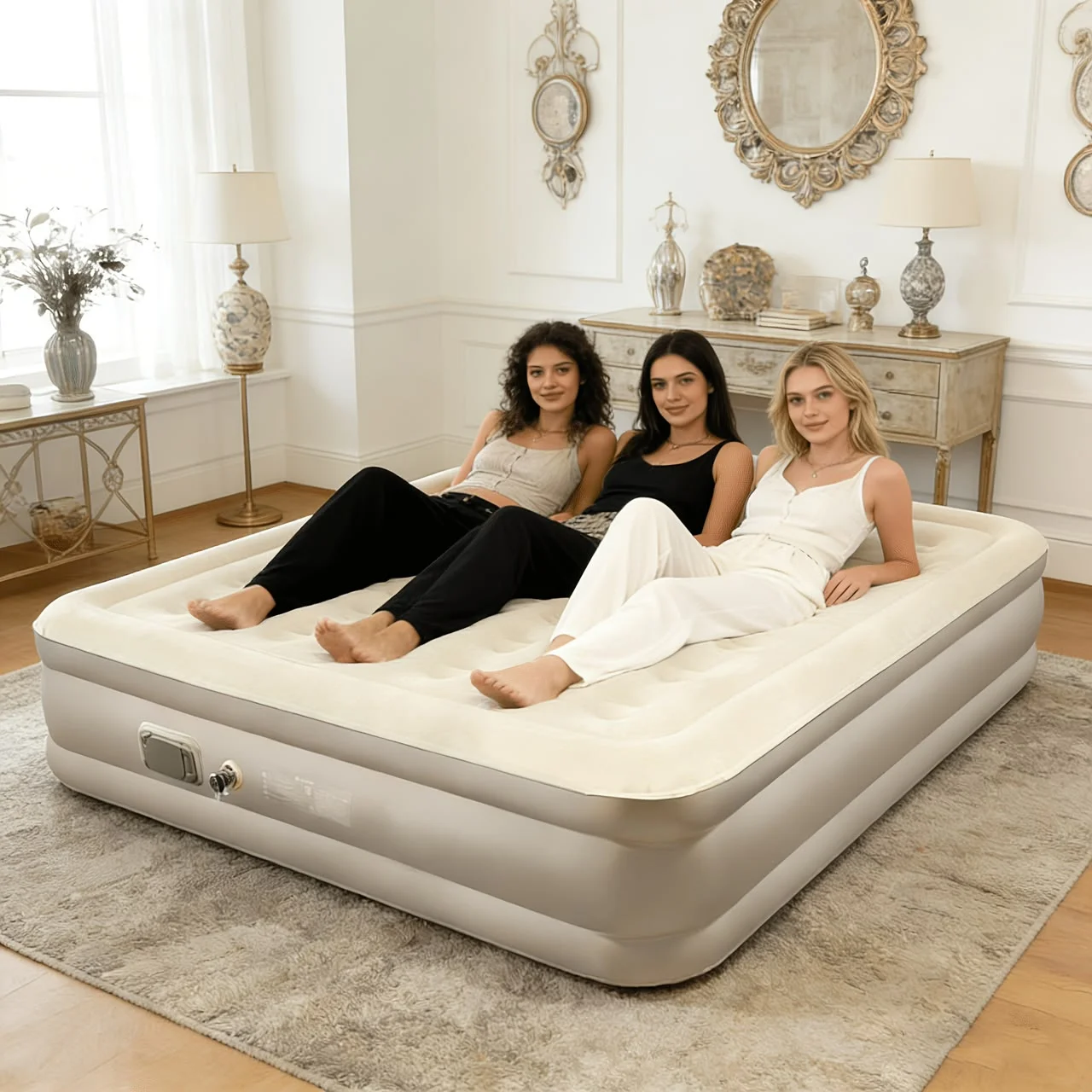 Matelas gonflable surélevé crème et gris